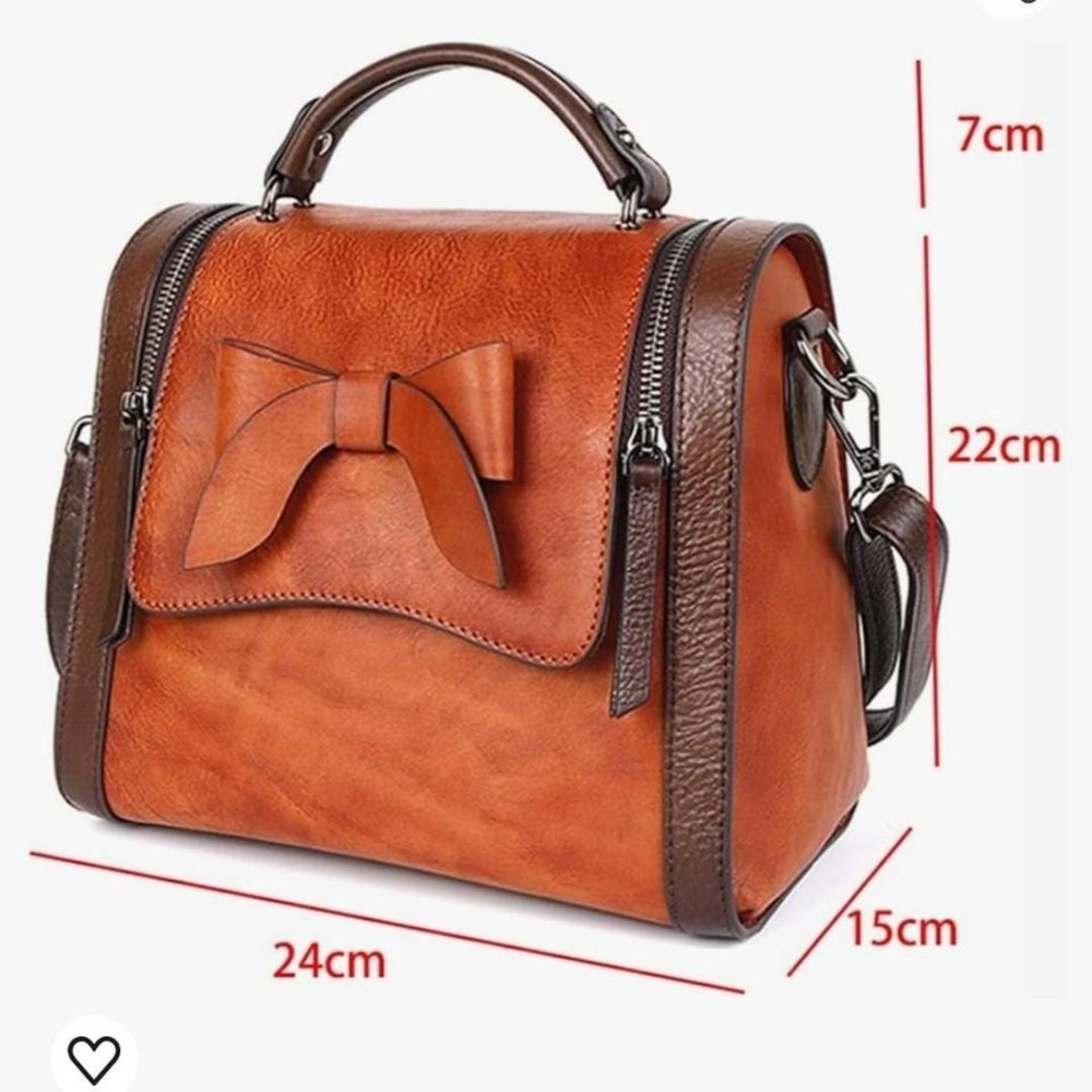 Retro Real Leather Shoulder Bag with Bow Detail - Picture 2 of 8